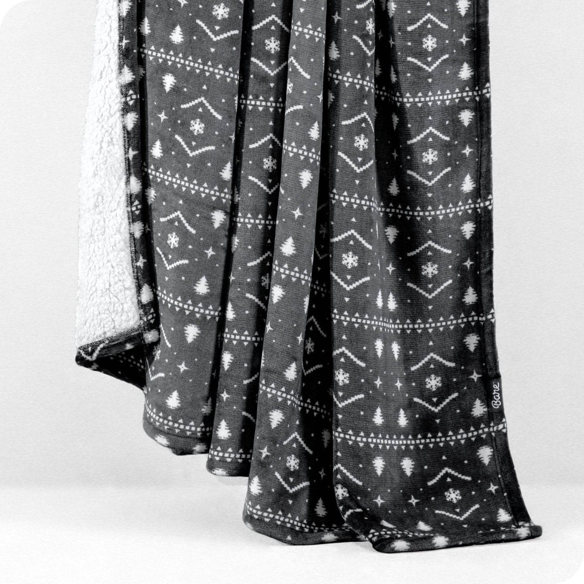 Winter Alpine Print Grey White Sherpa Blanket hanging