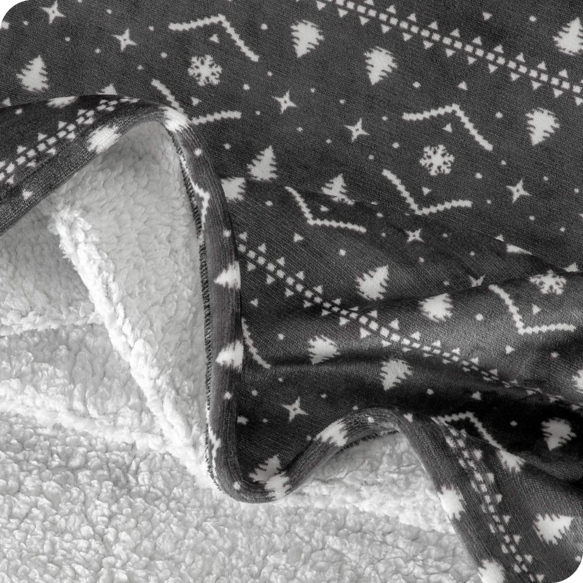 Close up of sherpa blanket showing texture of velvety soft side and sherpa backing