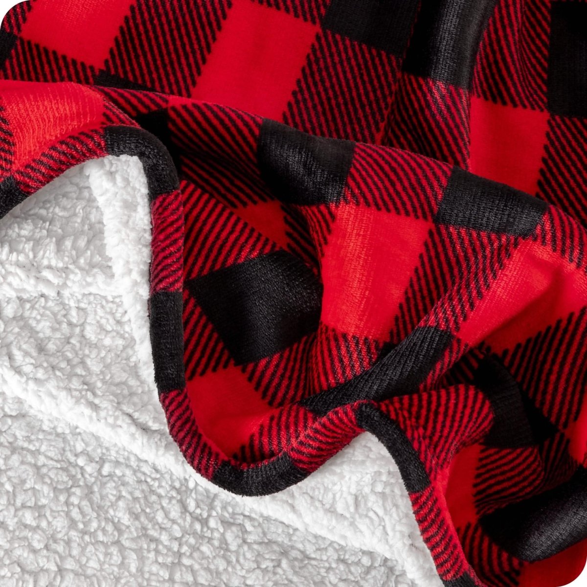 Close up of sherpa blanket showing texture of velvety soft side and sherpa backing