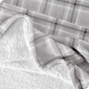 Close up of sherpa blanket showing texture of velvety soft side and sherpa backing
