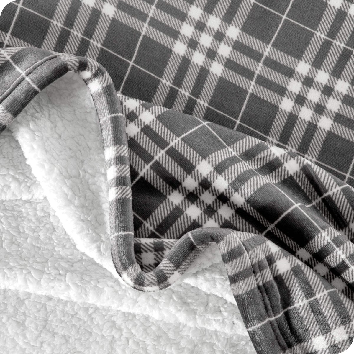 Close up of sherpa blanket showing texture of velvety soft side and sherpa backing