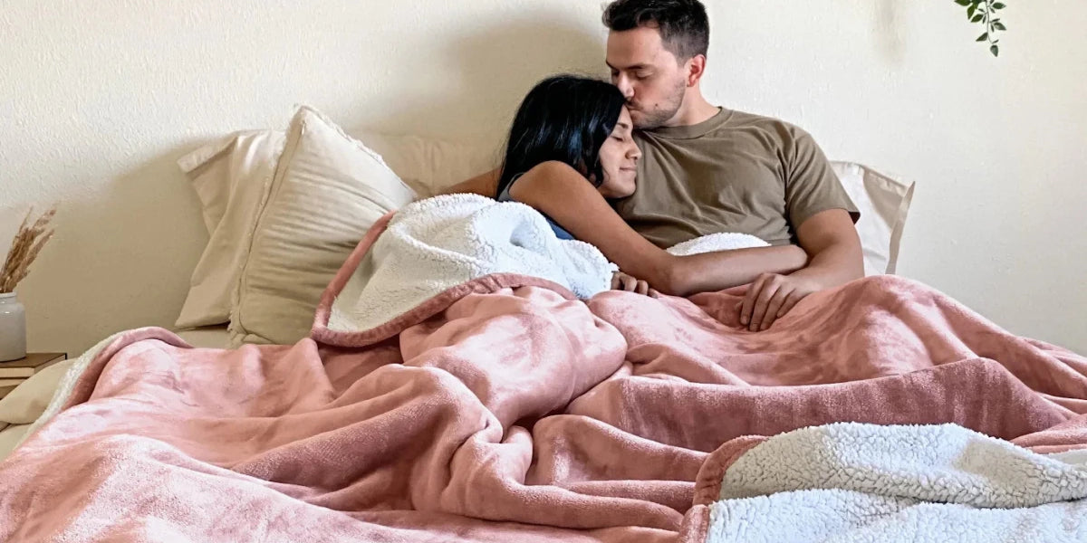 A happy couple sitting in bed together under a pink blanket 