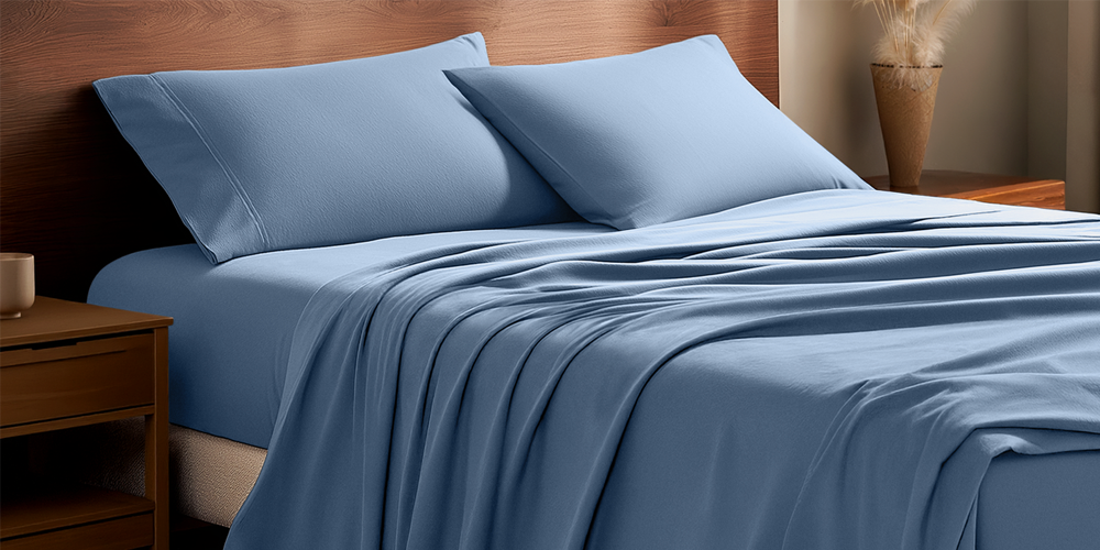 Bed with blue organic cotton flannel sheets