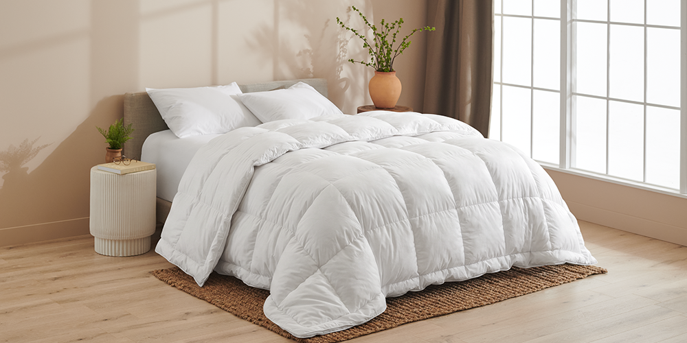 Bed with a white down comforter next to a wood nightstand