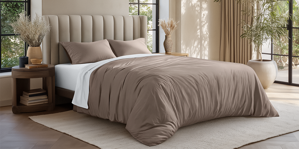 Bed styled with taupe Organic Cotton Jersey Duvet Cover Pillowcase Set in a bedroom with wood nightstand
