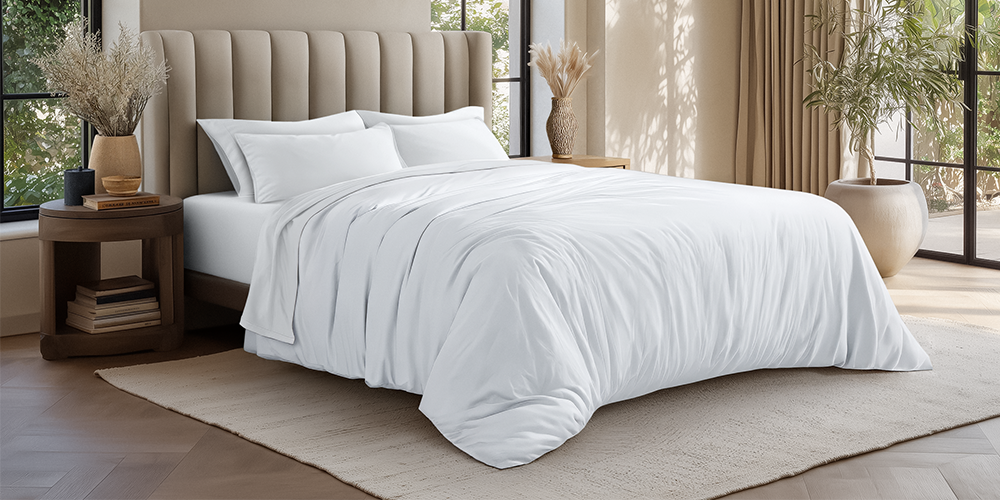 Bed styled with white Organic Cotton Jersey Duvet Cover Sham Set, fluffy rumpled look