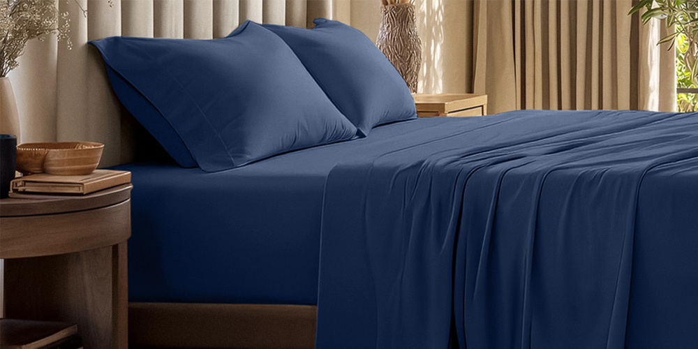 Bed styled with navy blue Organic Cotton Jersey Sheet Set and wood nightstand