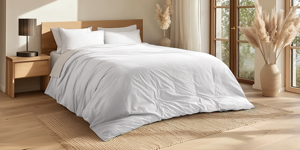 Bed styled with white Organic Cotton Percale Duvet Cover Set