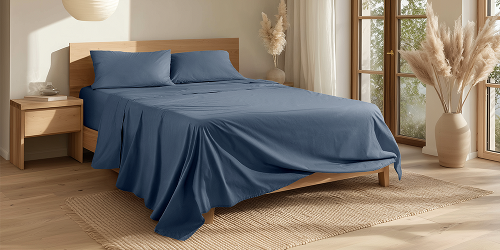 Bed styled with navy blue Organic Cotton Percale Sheet Set, plant nearby