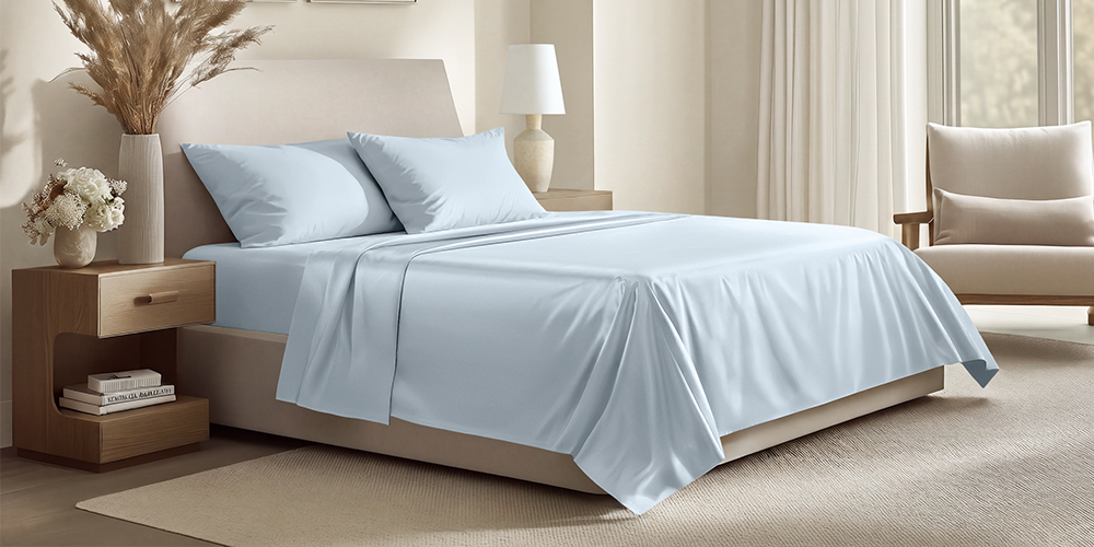 Bed styled with light blue Organic Cotton Sateen Sheet Set