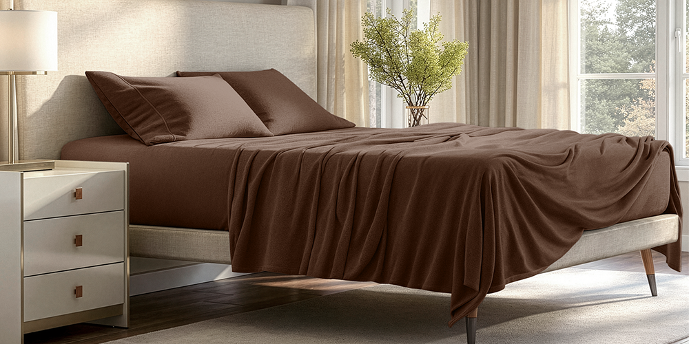 Bed styled with dark brown Polar Fleece Sheet Set and wood nightstand