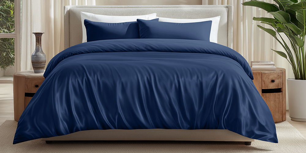 Close-up of a bed with a navy bamboo duvet cover