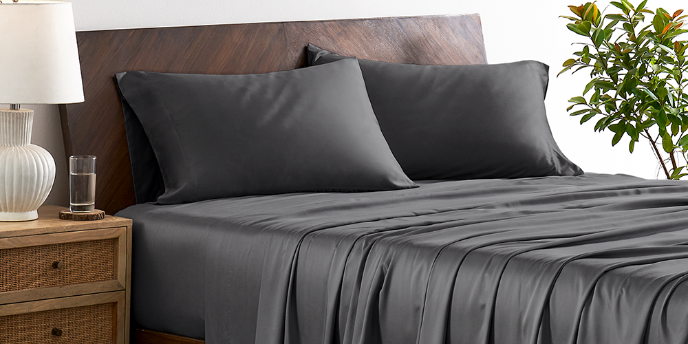 Bed with a gray bamboo pillowcase set