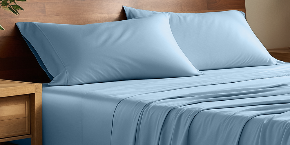 Close-up of a bed with a blue bamboo sheet set