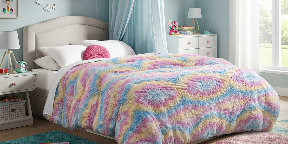 Bed styled with multicolor pastel print Shaggy Duvet Cover