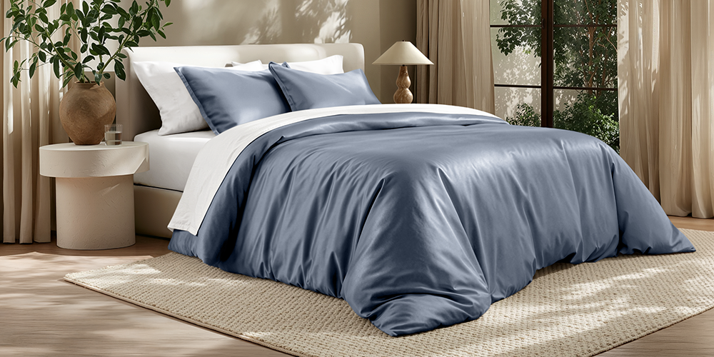 Bed styled with slate blue TENCEL Lyocell Duvet Cover Set, wood frame, plant nearby