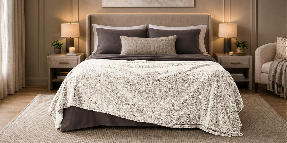 Bed with a cream tipped sherpa blanket