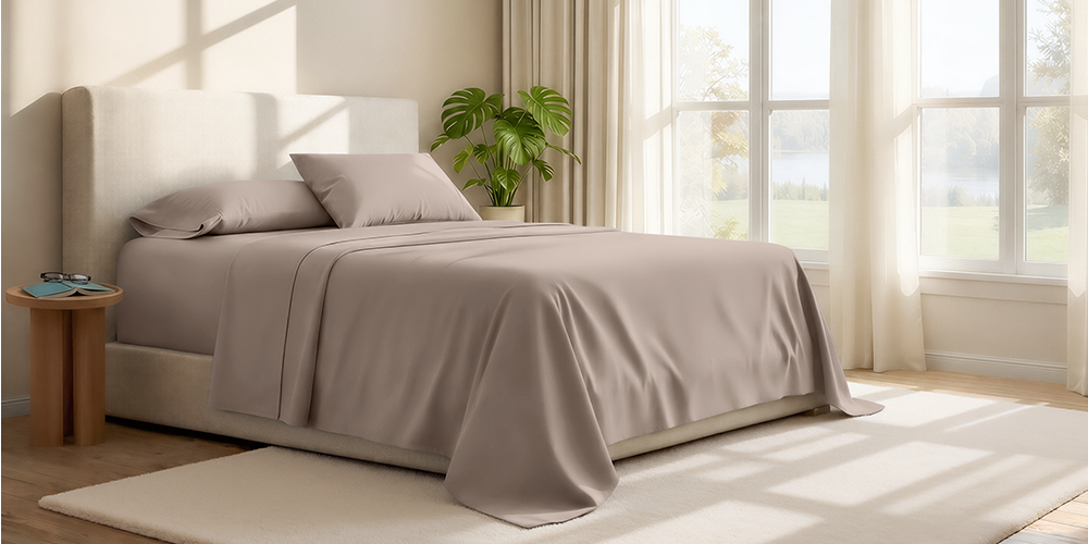 Bed styled with taupe Ultra Soft 24 Inch Pocket Fitted Sheet and wood nightstand