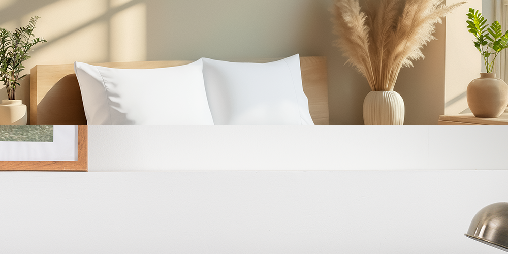Bed styled with white Ultra Soft Envelope Pillowcase Set on a wood platform bed