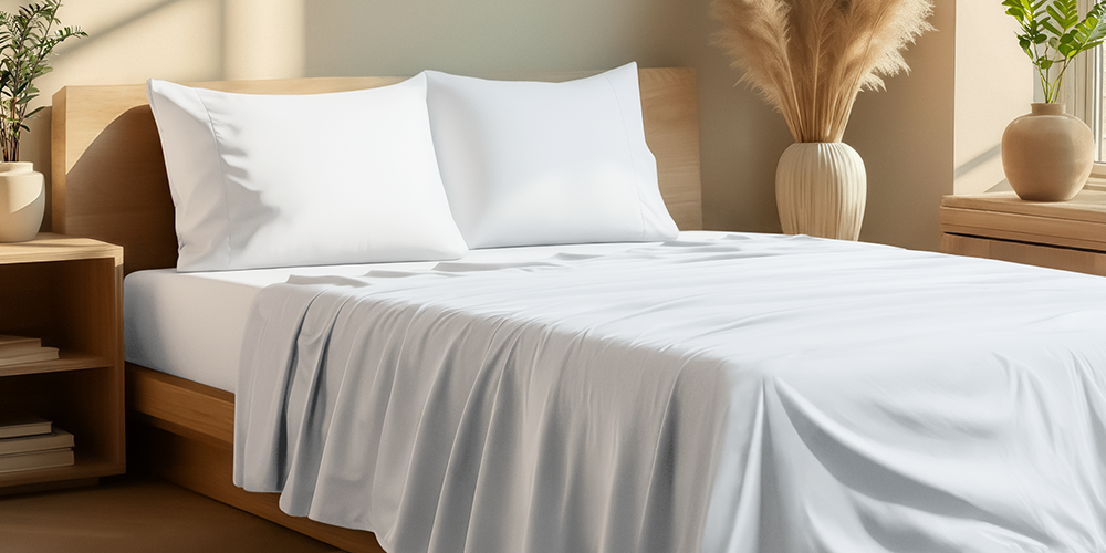 Bed styled with white Ultra Soft Envelope Pillowcase Sheet Set and wood bed frame