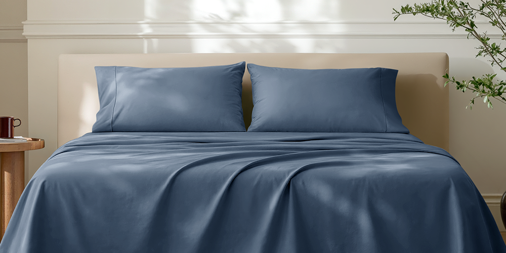 Bed with dark blue Ultra Soft Open End Pillowcase Set