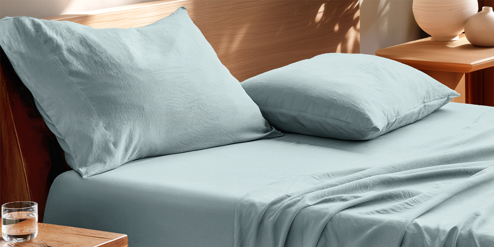 Bed styled with light blue Ultra Soft Washed Sheet Set and wood bed frame