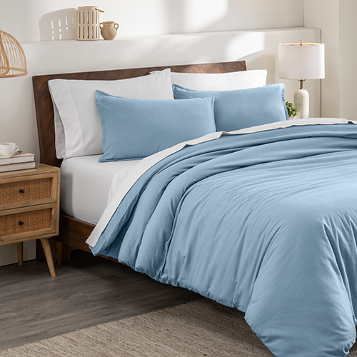 Close-up of blue cotton flannel duvet fabric