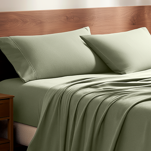 Bed with a sage green flannel pillowcase set