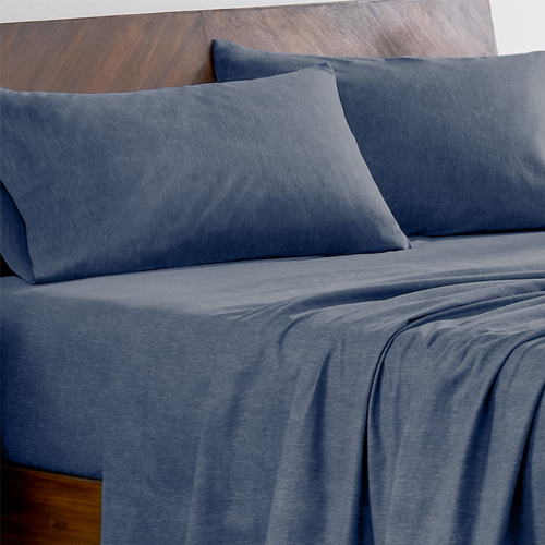 Close-up of navy heather flannel sheet fabric