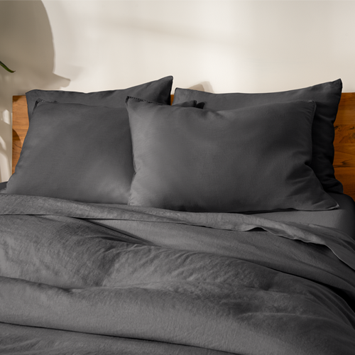 Folded gray European Linen Bedding Bundle stack