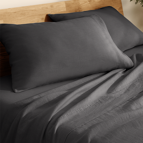 Closeup of dark charcoal gray European Linen Sheet Set fabric
