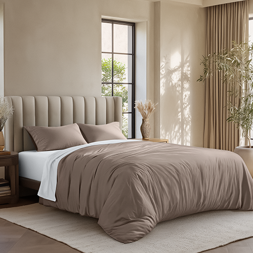 Bed styled with taupe Organic Cotton Jersey Duvet Cover Pillowcase Set
