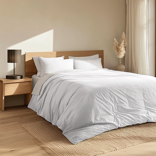 Bed styled with light gray Organic Cotton Percale Duvet Cover Set
