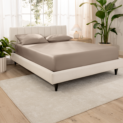 Bed with taupe Organic Cotton Sateen Fitted Sheet