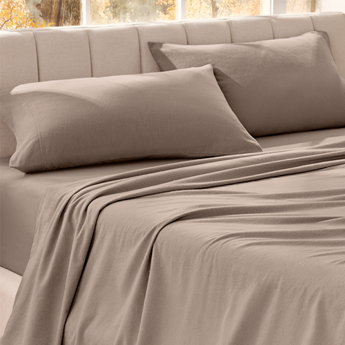 Close-up of taupe organic flannel fabric