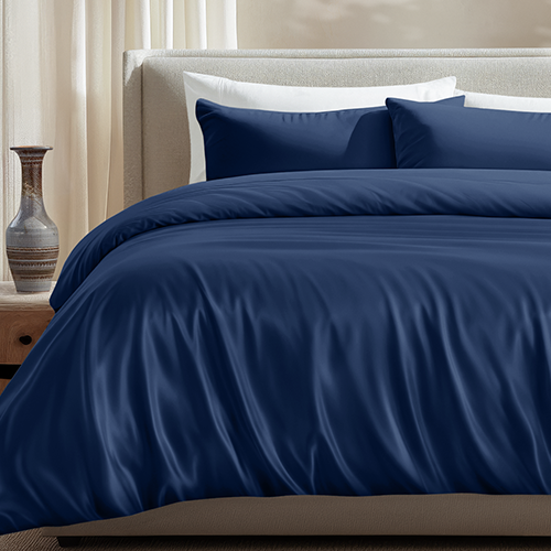 Bed with a navy bamboo duvet cover set