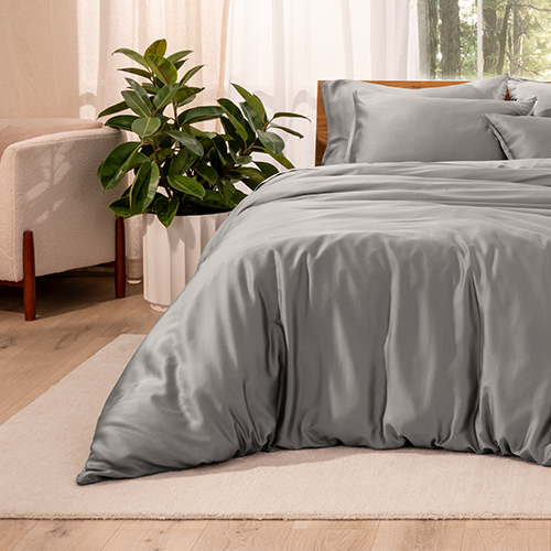 Bed styled with sage gray TENCEL Bedding Bundle