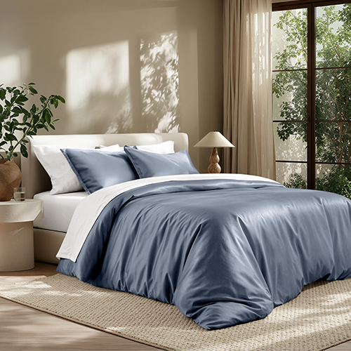 Bed styled with slate blue TENCEL Lyocell Duvet Cover Set