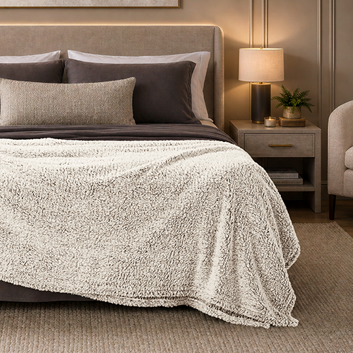 Close-up of cream tipped sherpa blanket texture