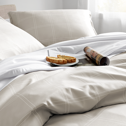 Bed styled with cream Ultra Soft Prints Duvet Cover Set, closeup