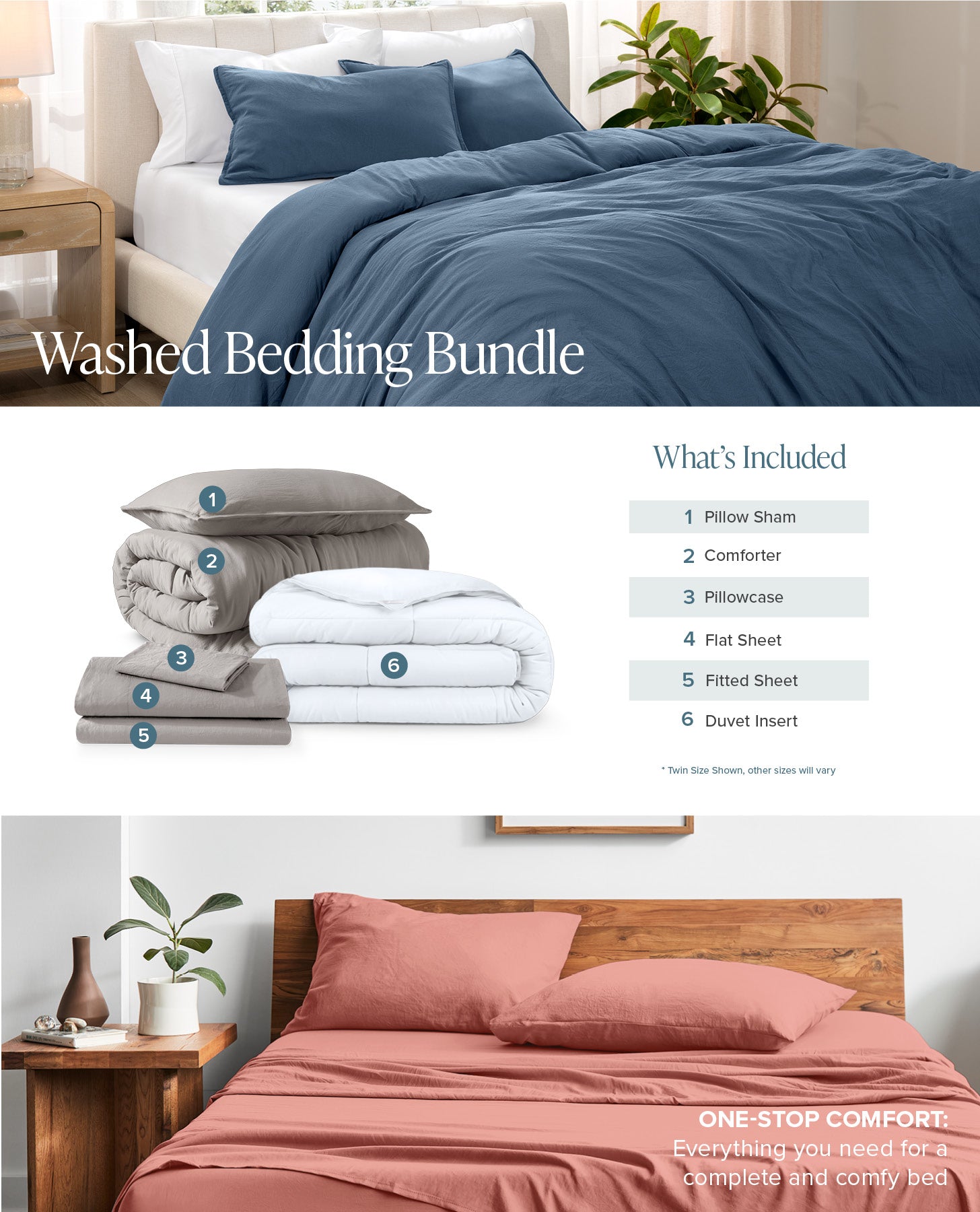 Washed bedding bundle with blue and pink bedding on beds, showing included items.