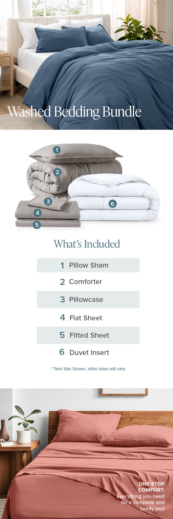 Washed bedding bundle with included items and color options.