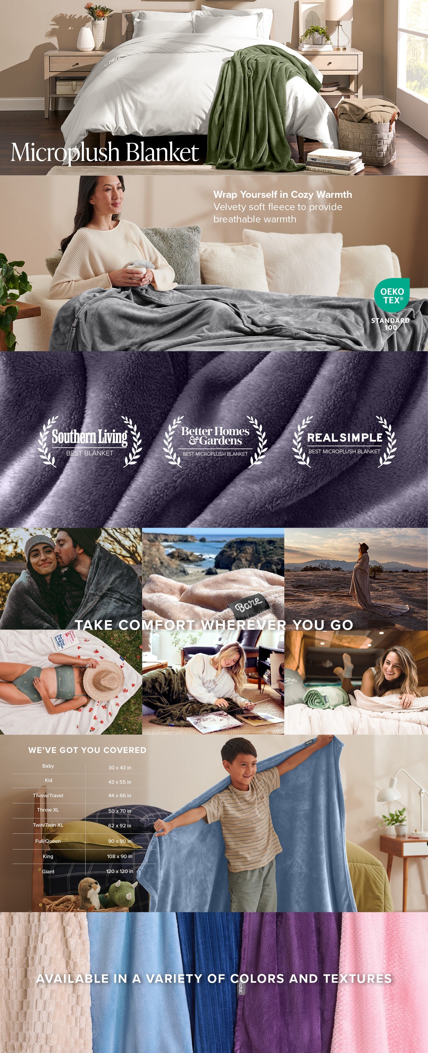 Microplush blanket with images of people using it in various settings, surrounded by product shots and awards.