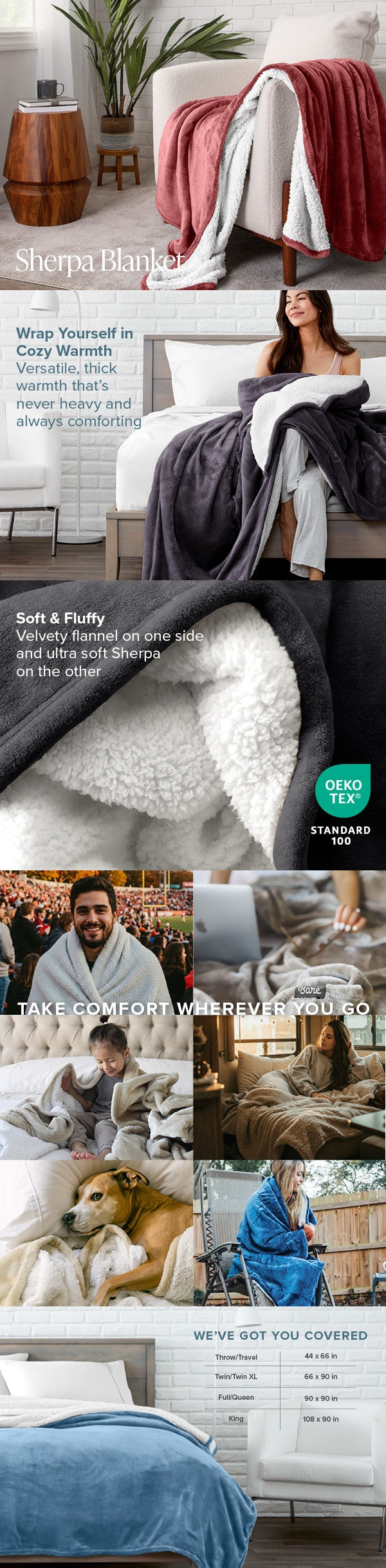 Collage of people using blankets with text overlay on a white background