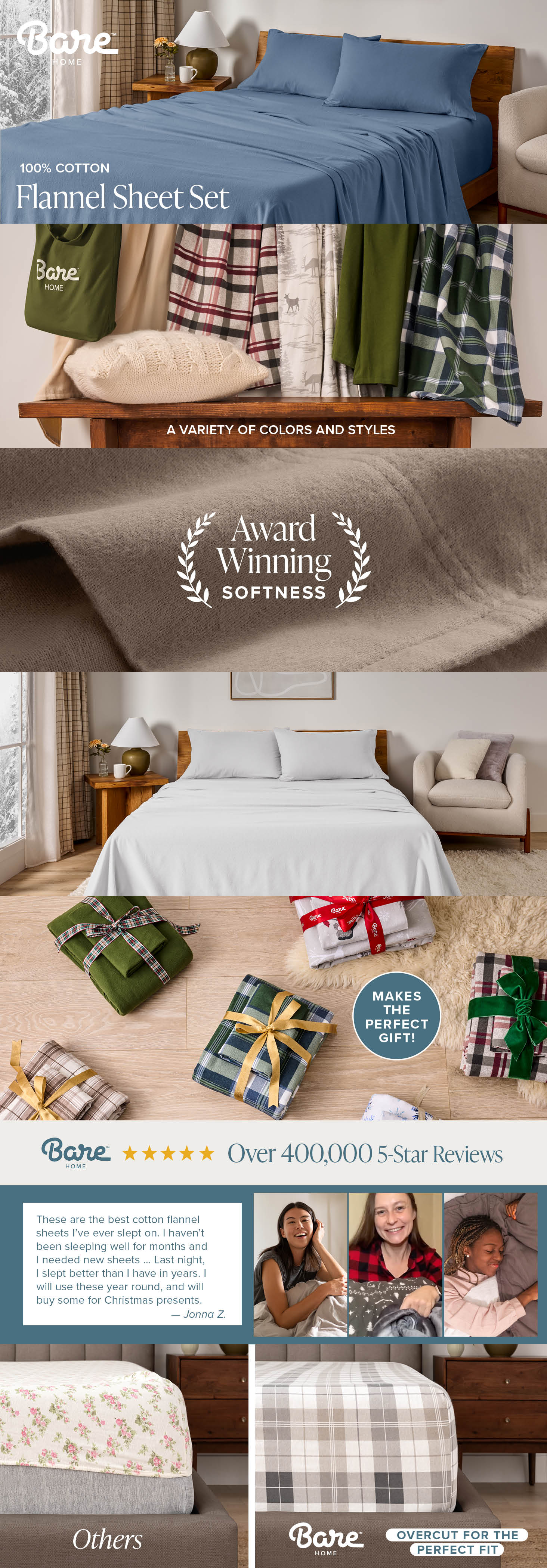 Flannel sheet set with award-winning softness feature and product images.