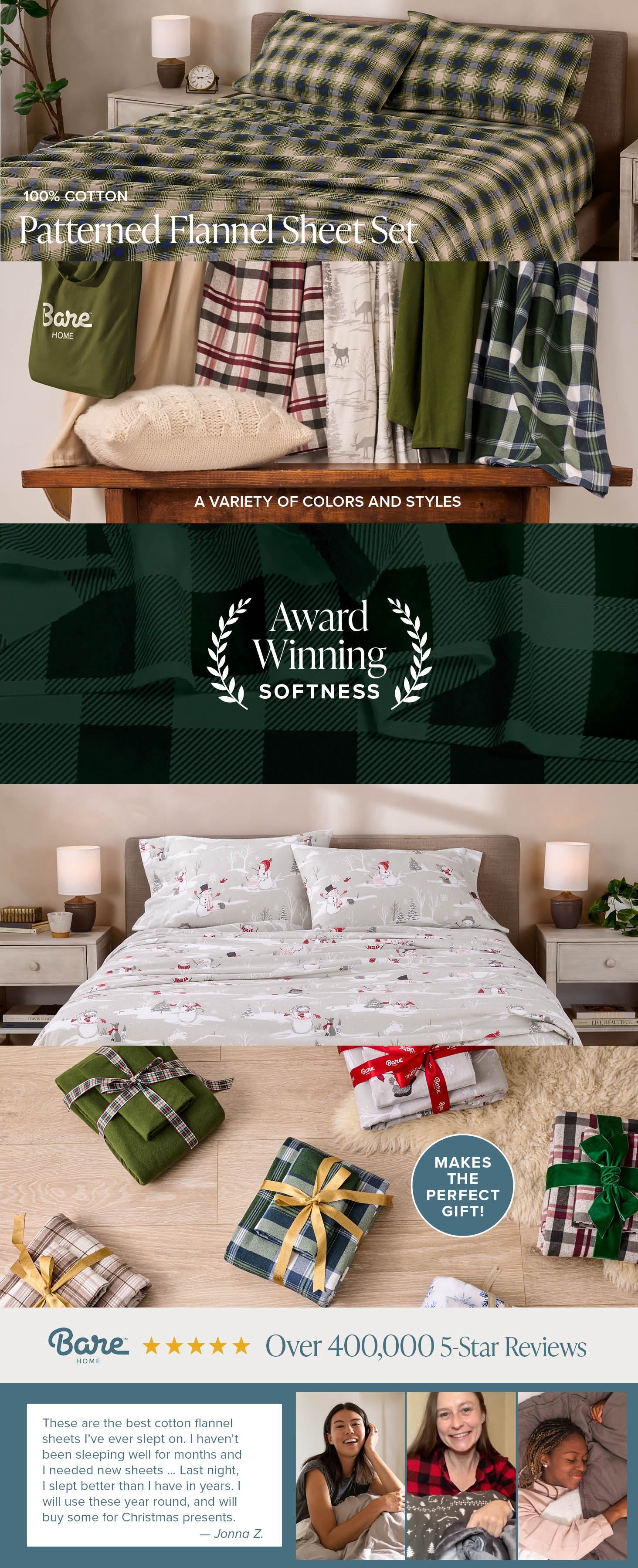 Patterned flannel sheets with a variety of colors and styles, featuring awards and customer testimonials.