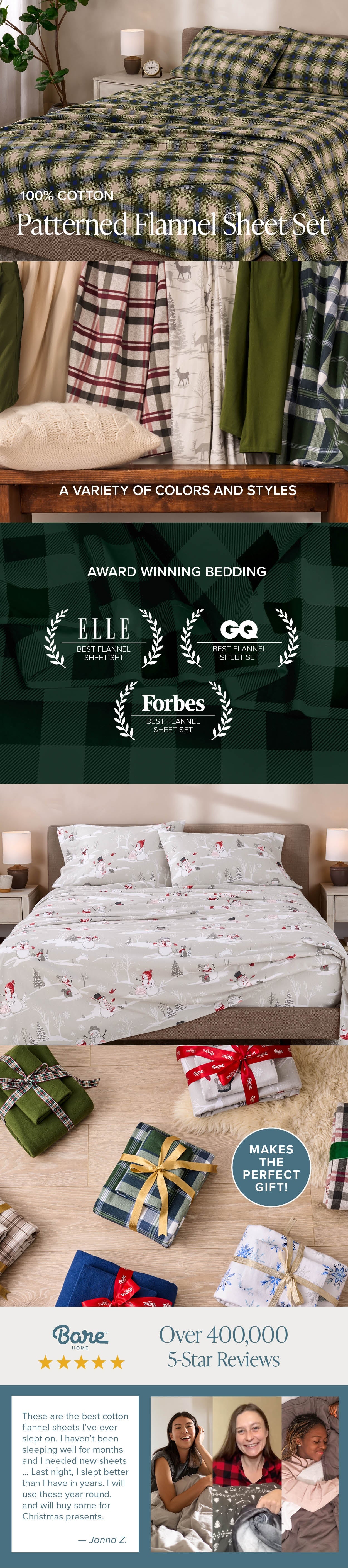 Patterned flannel sheets with awards and customer reviews displayed.