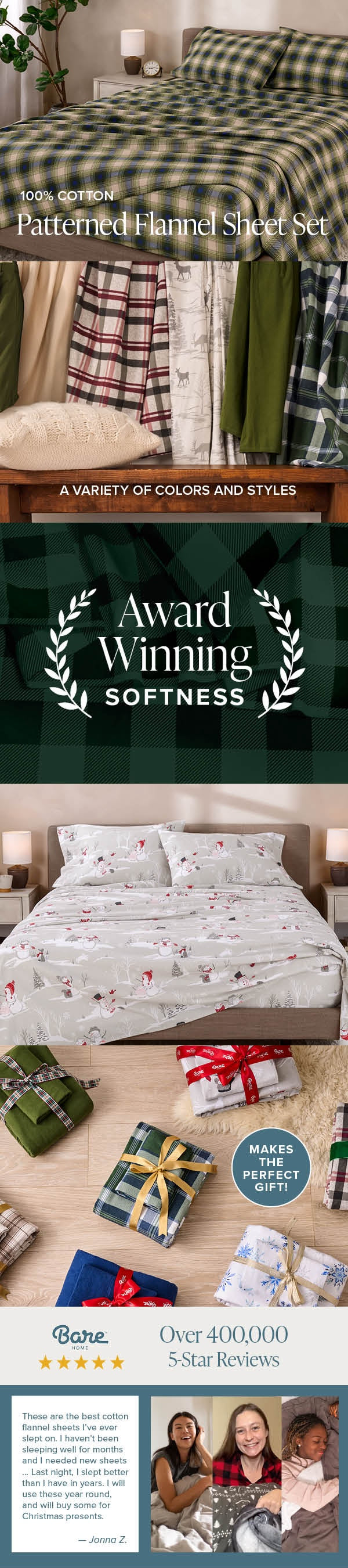 Patterned duvet cover set with various colors and styles, featuring text on award-winning softness and customer satisfaction.