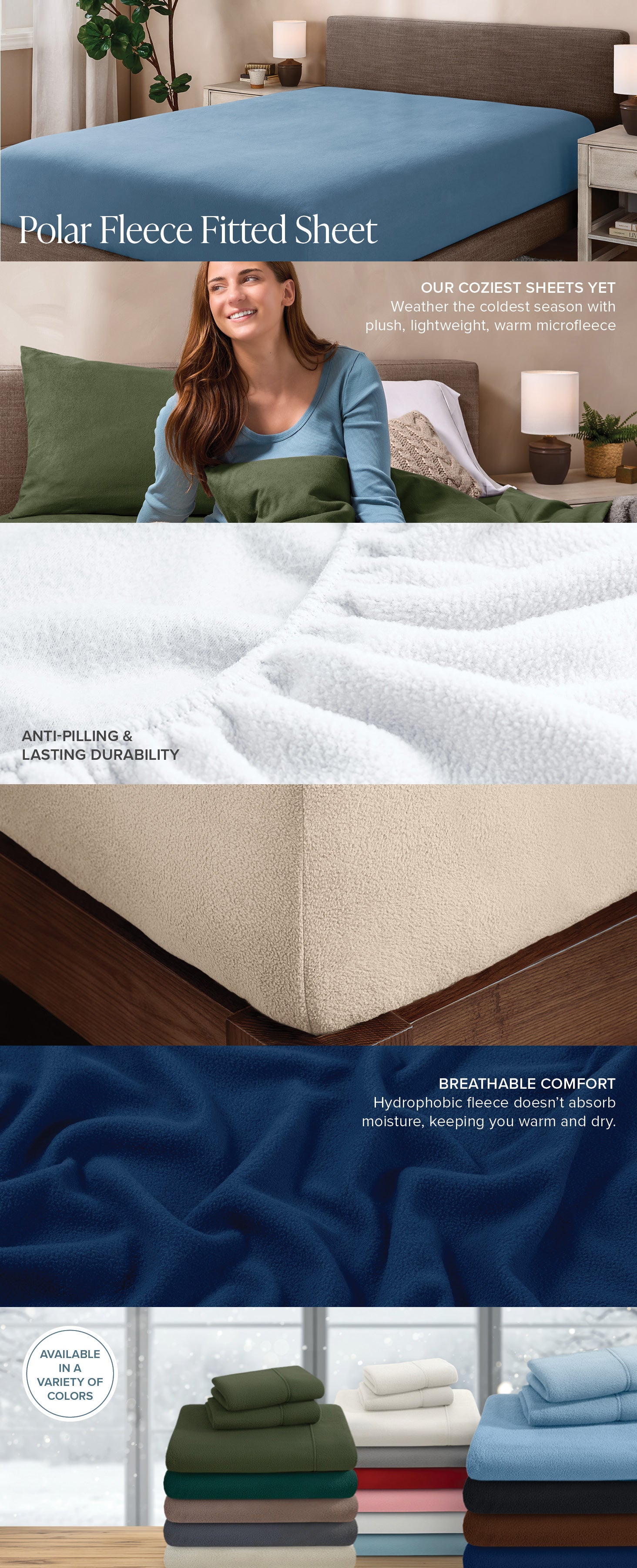 Polar fleece fitted sheet with a woman smiling, displayed on a bed and folded in a stack.