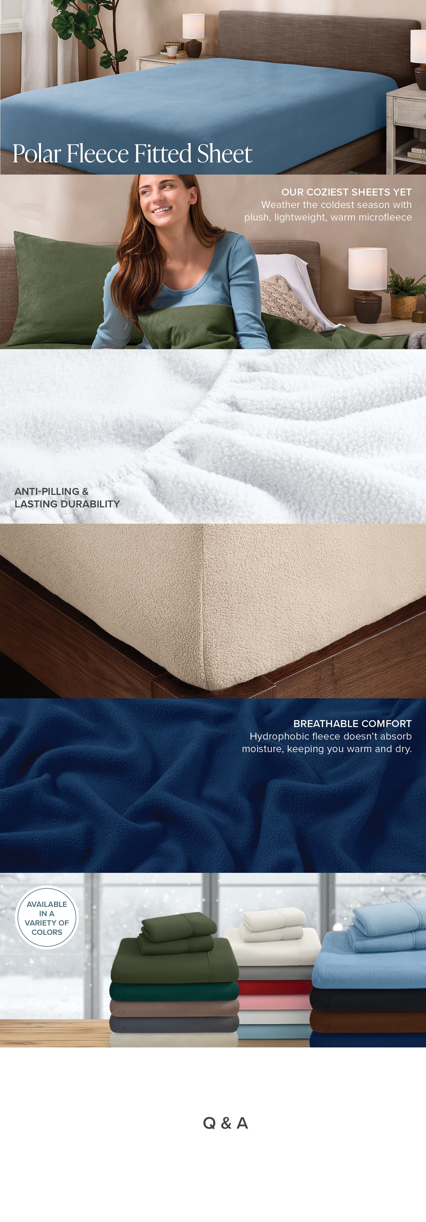 Polar fleece fitted sheet with a woman smiling, displayed on a bed and folded in a stack.